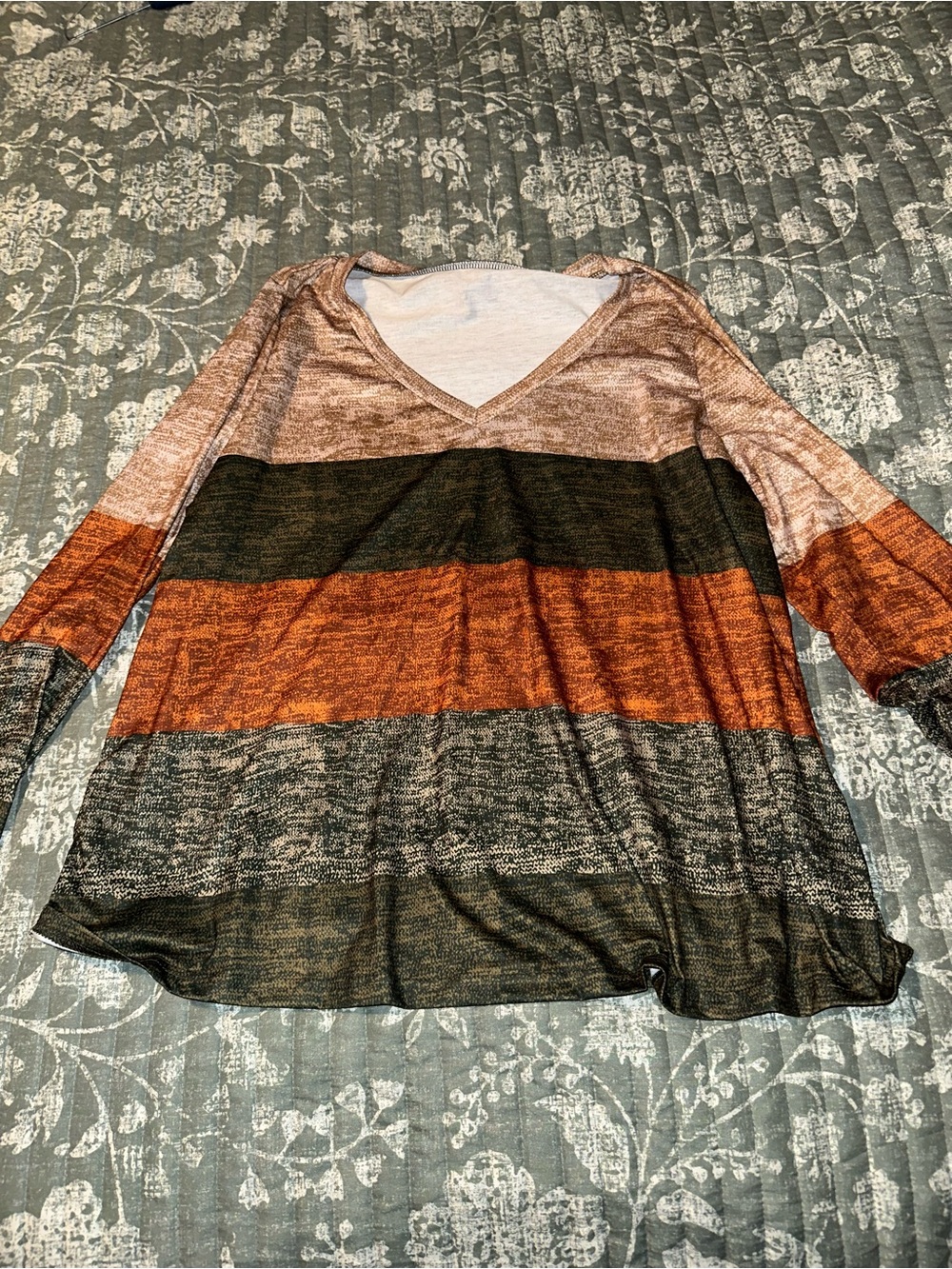 SHEIN Rust, Olive & Cream Striped V-Neck Long Sleeve Top